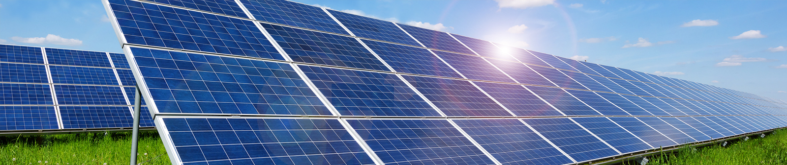 solar panels in a green grassy field with a sunburst