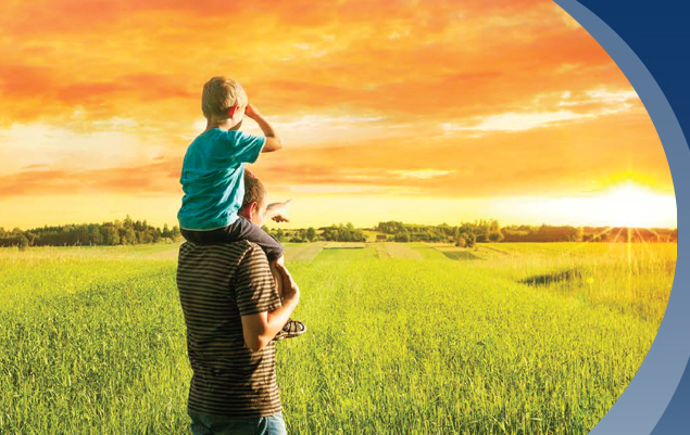 boy on dad's shoulder as dad points their view to the bright horizon