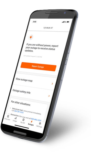 We Energies app report outage screen to report outage or view outage map or view outage safety information